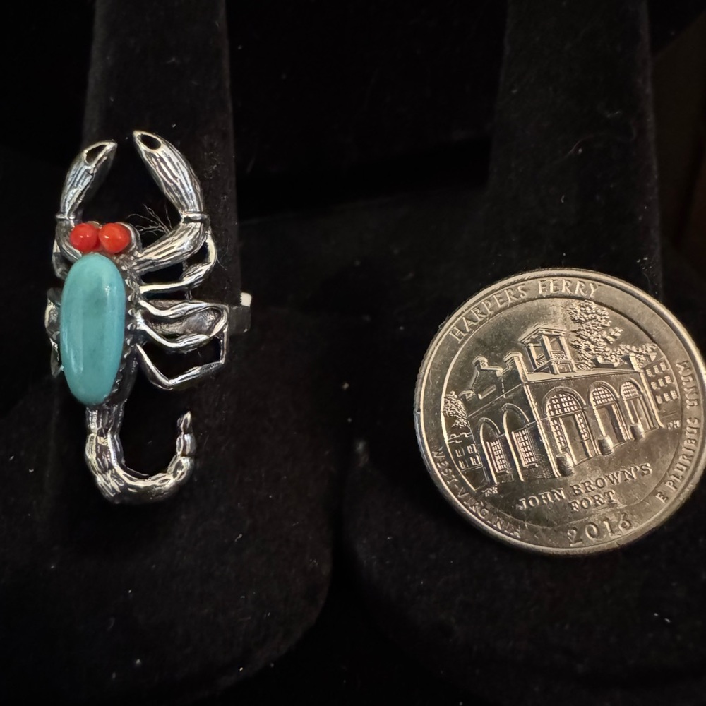 Silver‎ Scorpion Ring with Turquoise and Red coral Accents - Picture 5 of 6